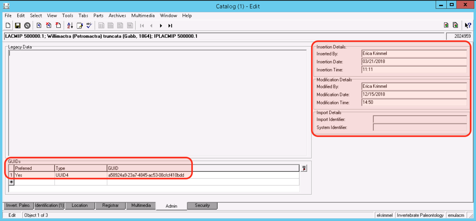screenshot of the admin tab in the catalogue module