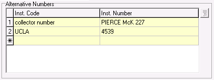 screenshot of the *Alternative Numbers* field in the catalogue module