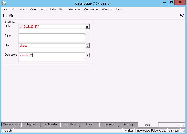 searching the Catalogue module's Audit tab