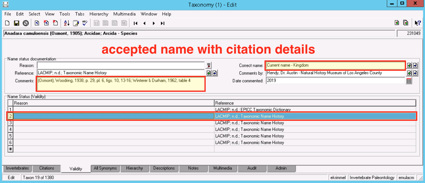 screenshot of the Validity tab in EMu showing taxonomic name history
