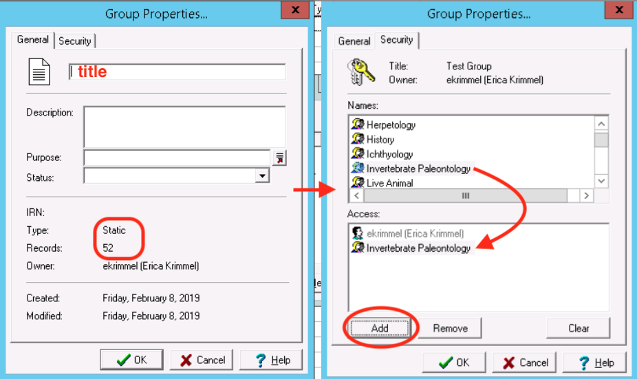 image of EMu groups dialog windows