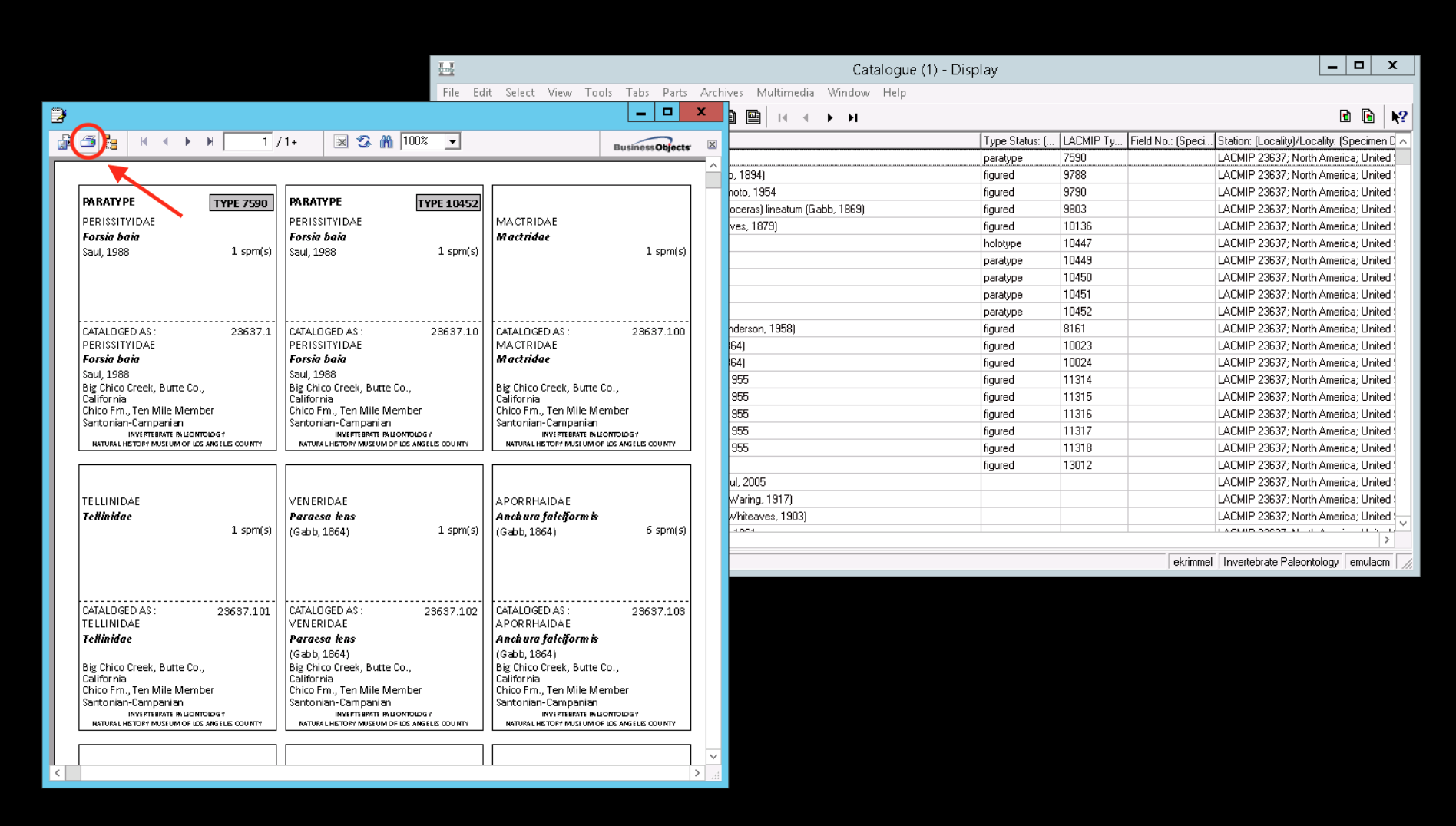 image of EMu windows related to printing labels