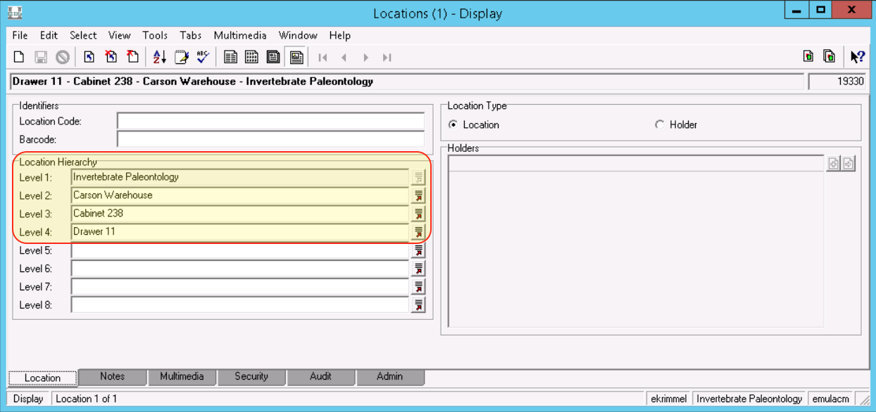 screenshot of the Locations module in EMu