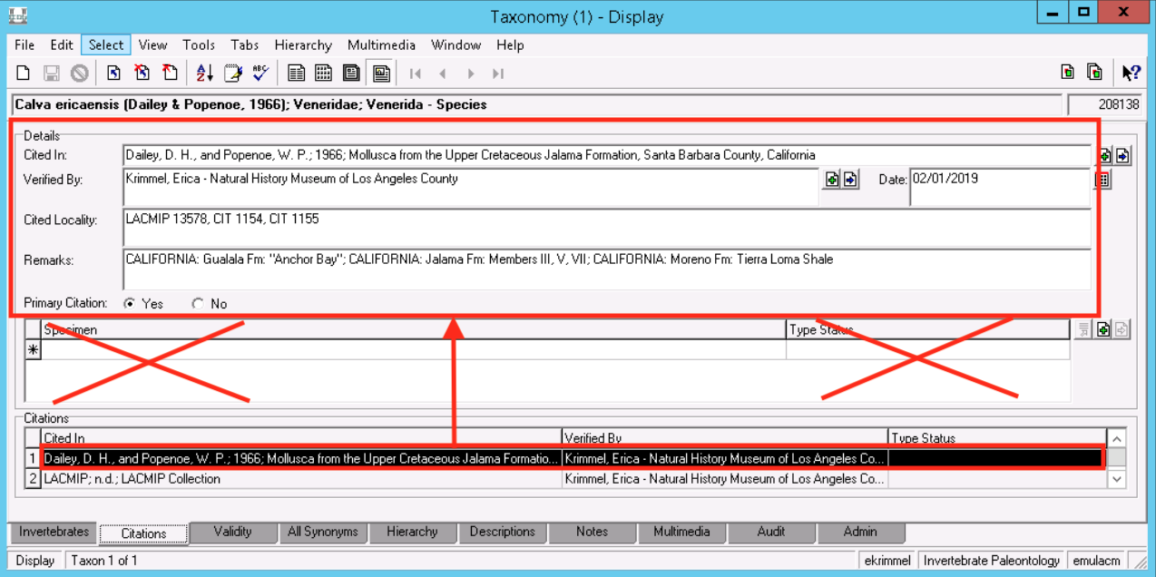 Citations tab of the EMu taxonomy module