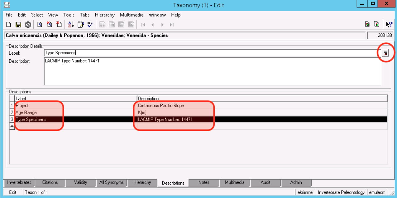 Descriptions tab of the EMu taxonomy module