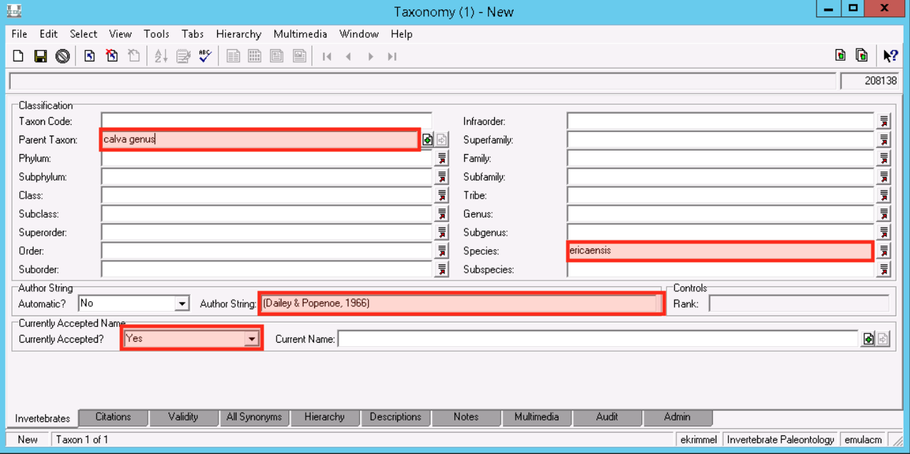 Invertebrates tab of the EMu taxonomy module