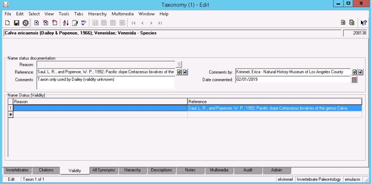 Validity tab of the EMu taxonomy module