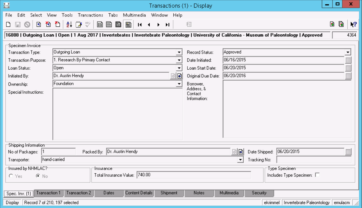 screenshot of the Transactions module in EMu